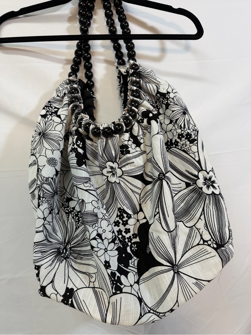 Boho Black White Floral Beaded Handle Slouch Shoulder Bag